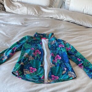 Floral Lily zip up M sweatshirt, no hood- Blue and Green, pink.